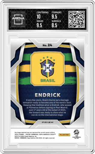 Endrick  from the 2024 Panini Prizm CONMEBOL Copa America set featuring a Silver Prizm parallel graded by Arena Club and given an overall grade of 9.