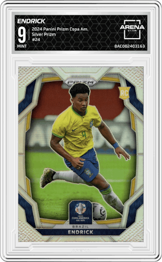 Endrick  from the 2024 Panini Prizm CONMEBOL Copa America set featuring a Silver Prizm parallel graded by Arena Club and given an overall grade of 9.