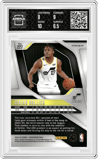 Isaiah Collier from the 2024-25 Panini Prizm set featuring a Silver Prizm parallel graded by Arena Club and given an overall grade of 7.