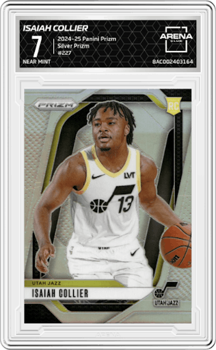 Isaiah Collier from the 2024-25 Panini Prizm set featuring a Silver Prizm parallel graded by Arena Club and given an overall grade of 7.