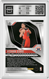 Kyshawn George  from the 2024-25 Panini Prizm set featuring a Fast Break Red parallel graded by Arena Club and given an overall grade of 10.