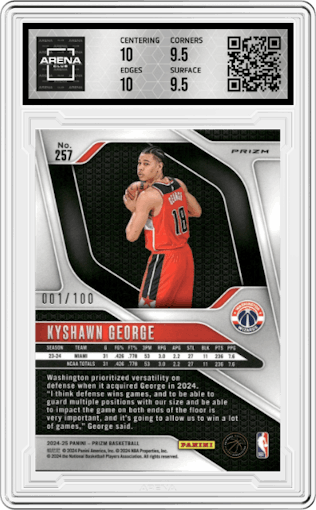 Kyshawn George  from the 2024-25 Panini Prizm set featuring a Fast Break Red parallel graded by Arena Club and given an overall grade of 10.
