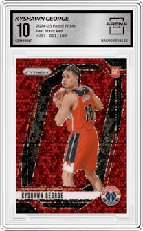 Kyshawn George  from the 2024-25 Panini Prizm set featuring a Fast Break Red parallel graded by Arena Club and given an overall grade of 10.