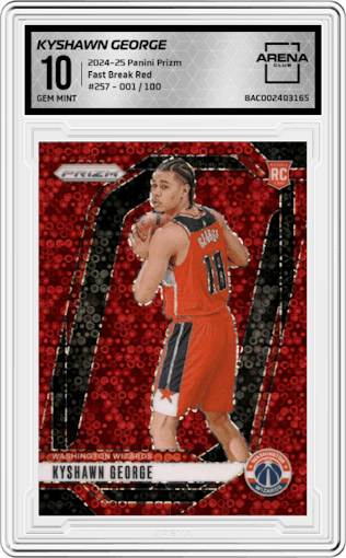 Kyshawn George  from the 2024-25 Panini Prizm set featuring a Fast Break Red parallel graded by Arena Club and given an overall grade of 10.