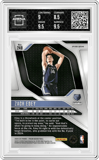 Zach Edey from the 2024-25 Panini Prizm set featuring a Pink Ice parallel graded by Arena Club and given an overall grade of 9.