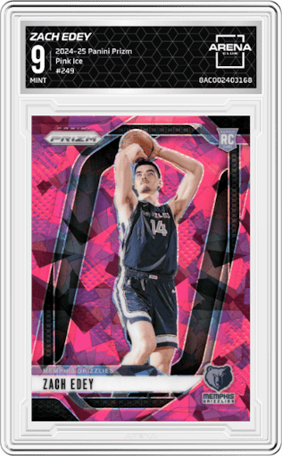 Zach Edey from the 2024-25 Panini Prizm set featuring a Pink Ice parallel graded by Arena Club and given an overall grade of 9.