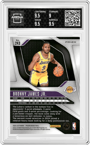 Bronny James Jr. from the 2024-25 Panini Prizm set featuring a Pink Ice parallel graded by Arena Club and given an overall grade of 9.5.