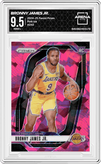 Bronny James Jr. from the 2024-25 Panini Prizm set featuring a Pink Ice parallel graded by Arena Club and given an overall grade of 9.5.