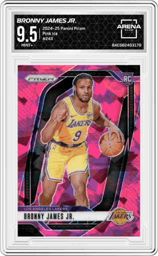 Bronny James Jr. from the 2024-25 Panini Prizm set featuring a Pink Ice parallel graded by Arena Club and given an overall grade of 9.5.