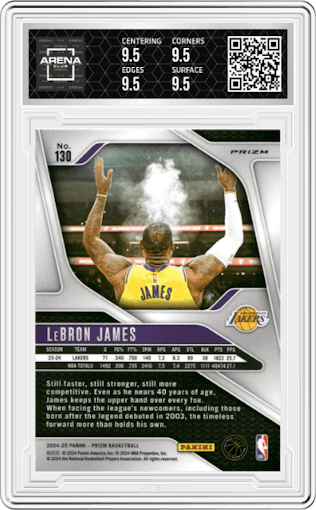 LeBron James from the 2024-25 Panini Prizm set featuring a Pink Ice parallel graded by Arena Club and given an overall grade of 9.5.