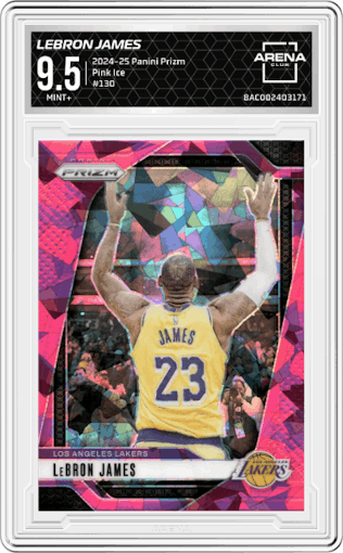 LeBron James from the 2024-25 Panini Prizm set featuring a Pink Ice parallel graded by Arena Club and given an overall grade of 9.5.