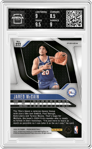Jared McCain from the 2024-25 Panini Prizm set featuring a Pink Ice parallel graded by Arena Club and given an overall grade of 9.