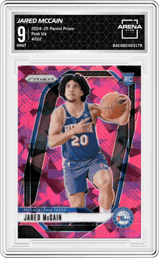 Jared McCain from the 2024-25 Panini Prizm set featuring a Pink Ice parallel graded by Arena Club and given an overall grade of 9.