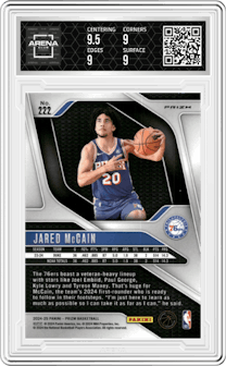 Jared McCain from the 2024-25 Panini Prizm set featuring a Pink Ice parallel graded by Arena Club and given an overall grade of 9.