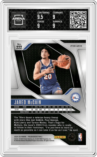 Jared McCain from the 2024-25 Panini Prizm set featuring a Pink Ice parallel graded by Arena Club and given an overall grade of 9.