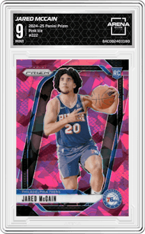 Jared McCain from the 2024-25 Panini Prizm set featuring a Pink Ice parallel graded by Arena Club and given an overall grade of 9.