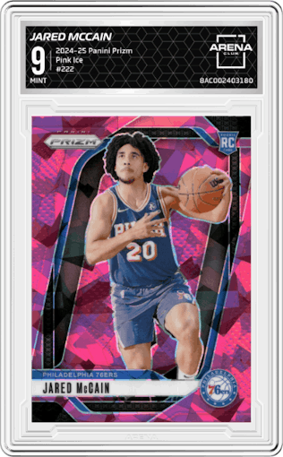 Jared McCain from the 2024-25 Panini Prizm set featuring a Pink Ice parallel graded by Arena Club and given an overall grade of 9.