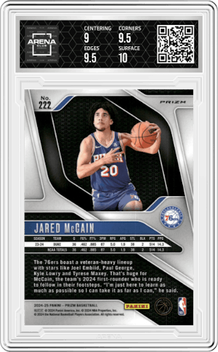 Jared McCain from the 2024-25 Panini Prizm set featuring a Silver Prizm parallel graded by Arena Club and given an overall grade of 9.5.