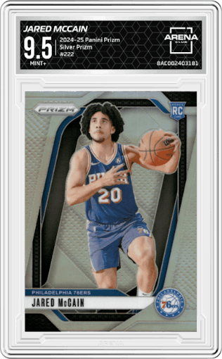 Jared McCain from the 2024-25 Panini Prizm set featuring a Silver Prizm parallel graded by Arena Club and given an overall grade of 9.5.