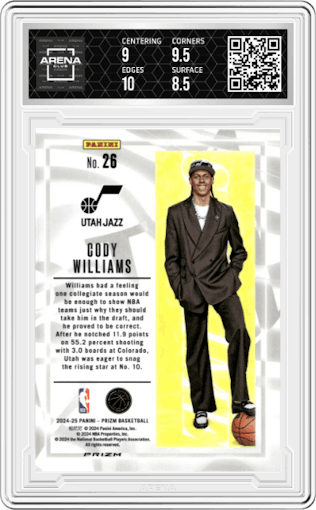 Cody Williams from the 2024-25 Panini Prizm set graded by Arena Club and given an overall grade of 9.