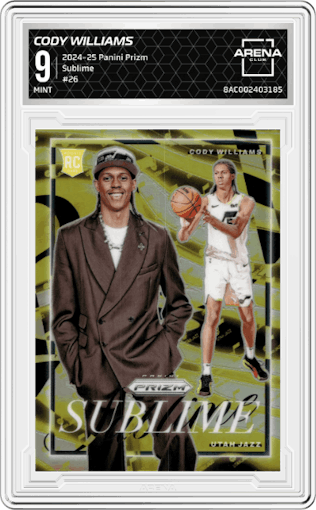 Cody Williams from the 2024-25 Panini Prizm set graded by Arena Club and given an overall grade of 9.