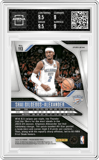 Shai Gilgeous-Alexander from the 2024-25 Panini Prizm set featuring a Glitter  parallel graded by Arena Club and given an overall grade of 9.5.