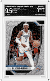 Shai Gilgeous-Alexander from the 2024-25 Panini Prizm set featuring a Glitter  parallel graded by Arena Club and given an overall grade of 9.5.