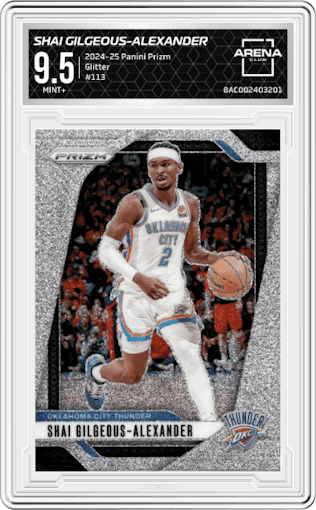 Shai Gilgeous-Alexander from the 2024-25 Panini Prizm set featuring a Glitter  parallel graded by Arena Club and given an overall grade of 9.5.
