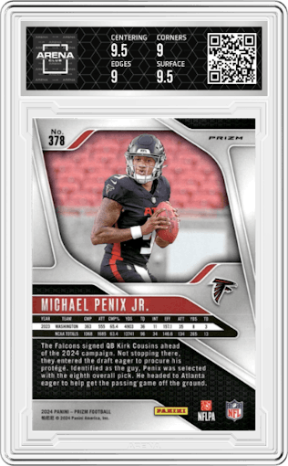 Michael Penix Jr. from the 2024 Panini Prizm set featuring a Green Wave parallel graded by Arena Club and given an overall grade of 9.5.