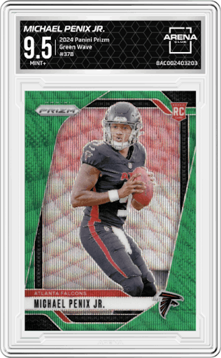 Michael Penix Jr. from the 2024 Panini Prizm set featuring a Green Wave parallel graded by Arena Club and given an overall grade of 9.5.