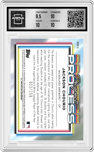 Jackson Chourio from the 2023 Bowman Chrome set featuring a Atomic Refractor parallel graded by Arena Club and given an overall grade of 10.