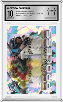 Jackson Chourio from the 2023 Bowman Chrome set featuring a Atomic Refractor parallel graded by Arena Club and given an overall grade of 10.