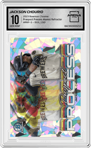 Jackson Chourio from the 2023 Bowman Chrome set featuring a Atomic Refractor parallel graded by Arena Club and given an overall grade of 10.