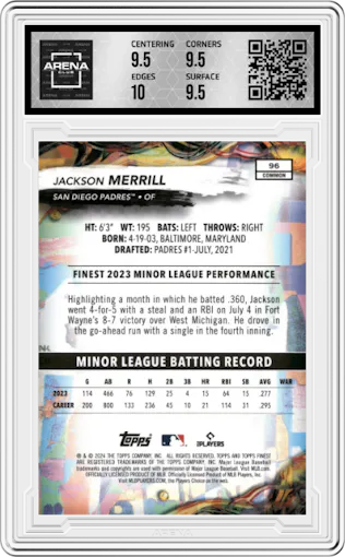 Jackson Merrill from the 2024 Topps Finest set featuring a Sky Blue Refractor parallel graded by Arena Club and given an overall grade of 10.