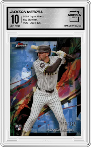 Jackson Merrill from the 2024 Topps Finest set featuring a Sky Blue Refractor parallel graded by Arena Club and given an overall grade of 10.