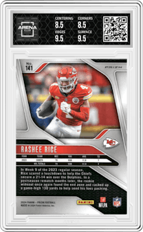 Rashee Rice from the 2024 Panini Prizm set featuring a Lazer Prizm parallel graded by Arena Club and given an overall grade of 9.