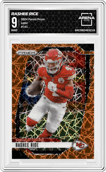 Rashee Rice from the 2024 Panini Prizm set featuring a Lazer Prizm parallel graded by Arena Club and given an overall grade of 9.