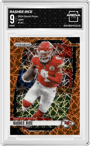 Rashee Rice from the 2024 Panini Prizm set featuring a Lazer Prizm parallel graded by Arena Club and given an overall grade of 9.