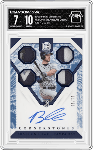 Brandon Lowe from the 2019 Panini Chronicles set featuring a Quartz parallel graded by Arena Club and given an overall grade of 7.