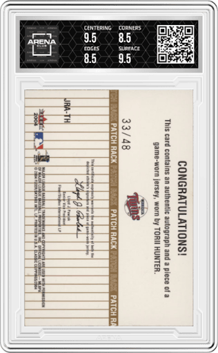 Torii Hunter  from the 2004 Fleer Classic Clippings set featuring a Bronze parallel graded by Arena Club and given an overall grade of 9.