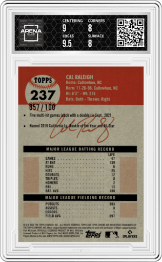 Cal Raleigh from the 2022 Topps Chrome Platinum Anniversary set featuring a Blue Atomic Refractor parallel graded by Arena Club and given an overall grade of 8.5.