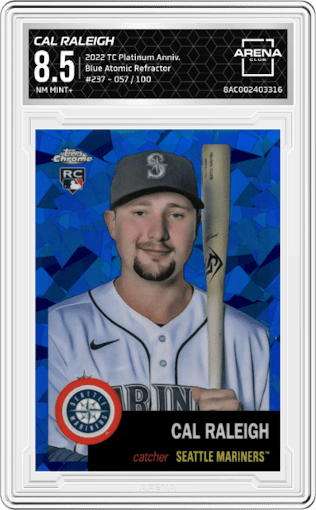 Cal Raleigh from the 2022 Topps Chrome Platinum Anniversary set featuring a Blue Atomic Refractor parallel graded by Arena Club and given an overall grade of 8.5.
