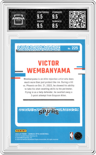 Victor Wembanyama from the 2023-24 Donruss Optic set graded by Arena Club and given an overall grade of 9.