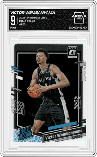 Victor Wembanyama from the 2023-24 Donruss Optic set graded by Arena Club and given an overall grade of 9.