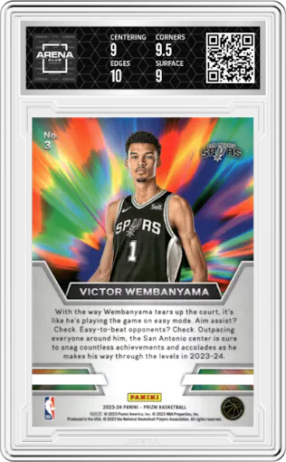Victor Wembanyama from the 2023-24 Panini Prizm set graded by Arena Club and given an overall grade of 9.5.