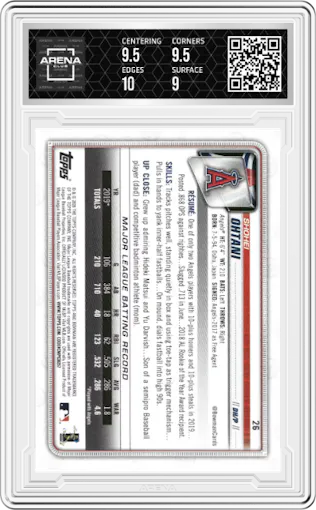 Shohei Ohtani from the 2020 Bowman set featuring a Green parallel graded by Arena Club and given an overall grade of 9.5.