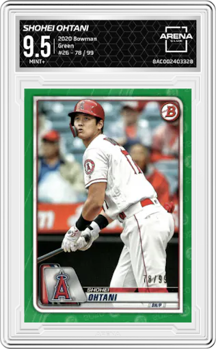 Shohei Ohtani from the 2020 Bowman set featuring a Green parallel graded by Arena Club and given an overall grade of 9.5.