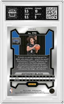 Anthony Black from the 2023-24 Panini Prizm set featuring a Red Ice parallel graded by Arena Club and given an overall grade of 9.5.