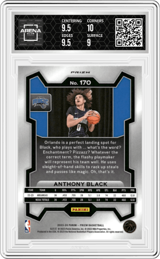 Anthony Black from the 2023-24 Panini Prizm set featuring a Red Ice parallel graded by Arena Club and given an overall grade of 9.5.