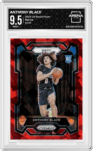 Anthony Black from the 2023-24 Panini Prizm set featuring a Red Ice parallel graded by Arena Club and given an overall grade of 9.5.